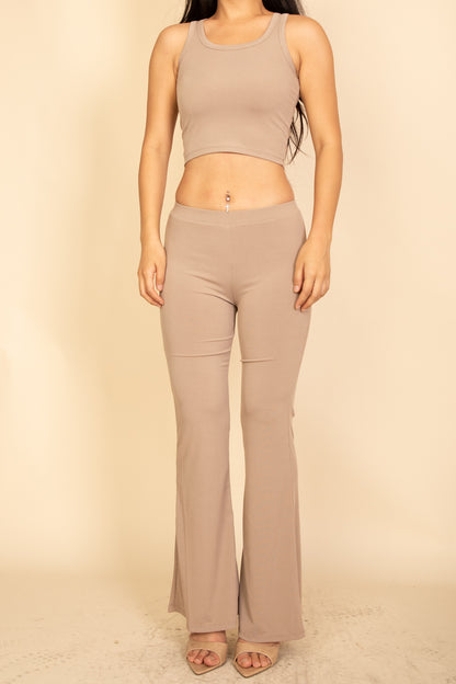 Ribbed Sleeveless Crop Top & Flared Pants Set