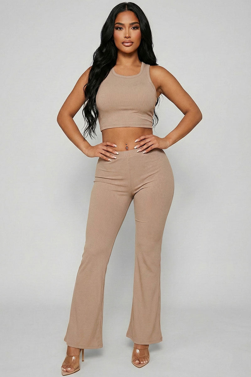Ribbed Sleeveless Crop Top & Flared Pants Set