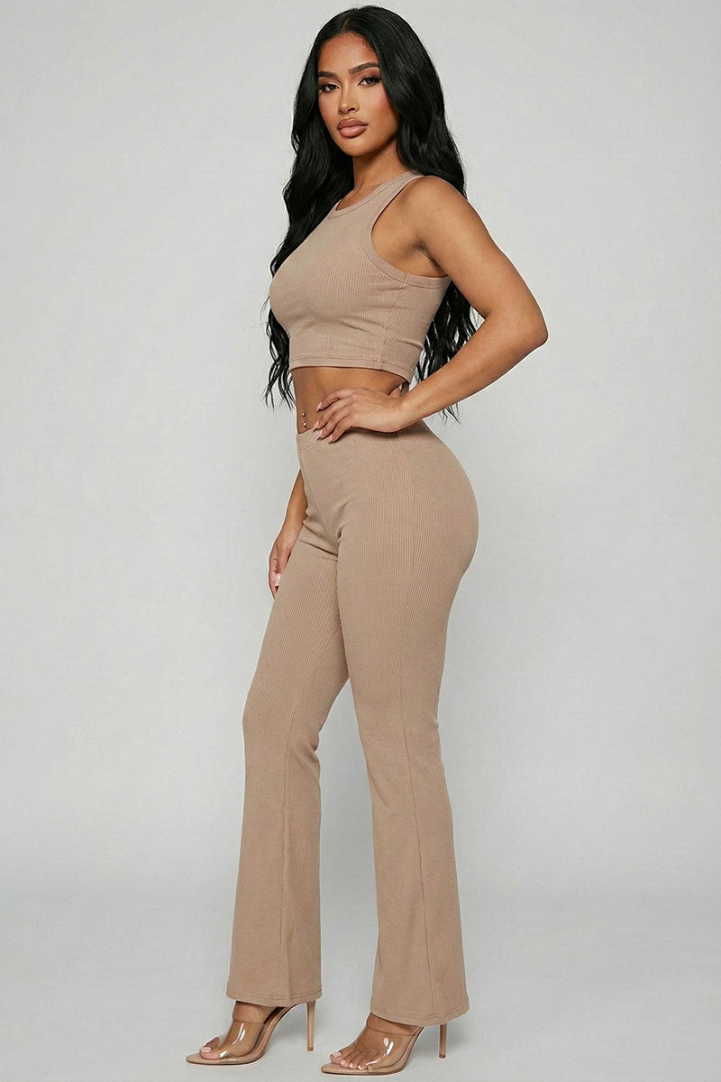 Ribbed Sleeveless Crop Top & Flared Pants Set