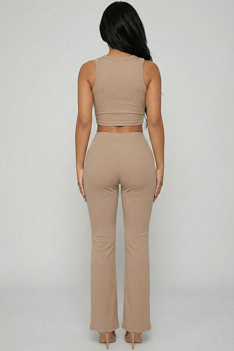 Ribbed Sleeveless Crop Top & Flared Pants Set