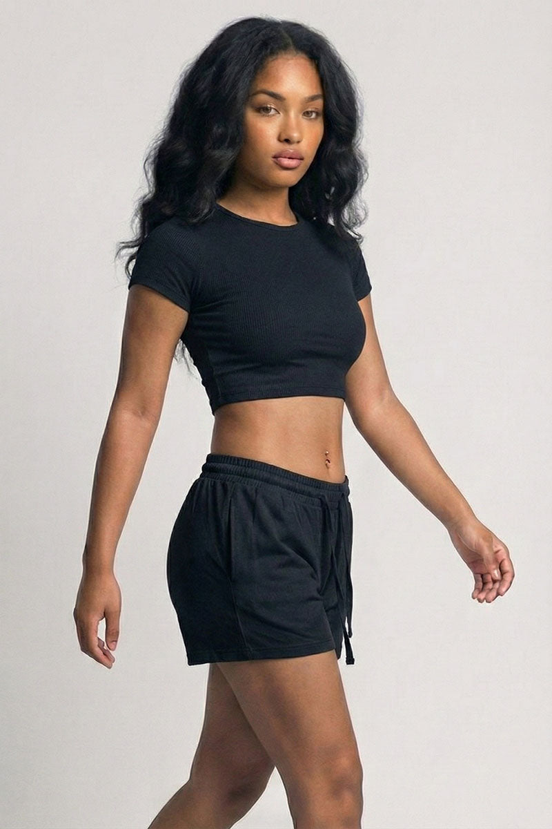 Ribbed Knit Drawstring Lounge Shorts Set