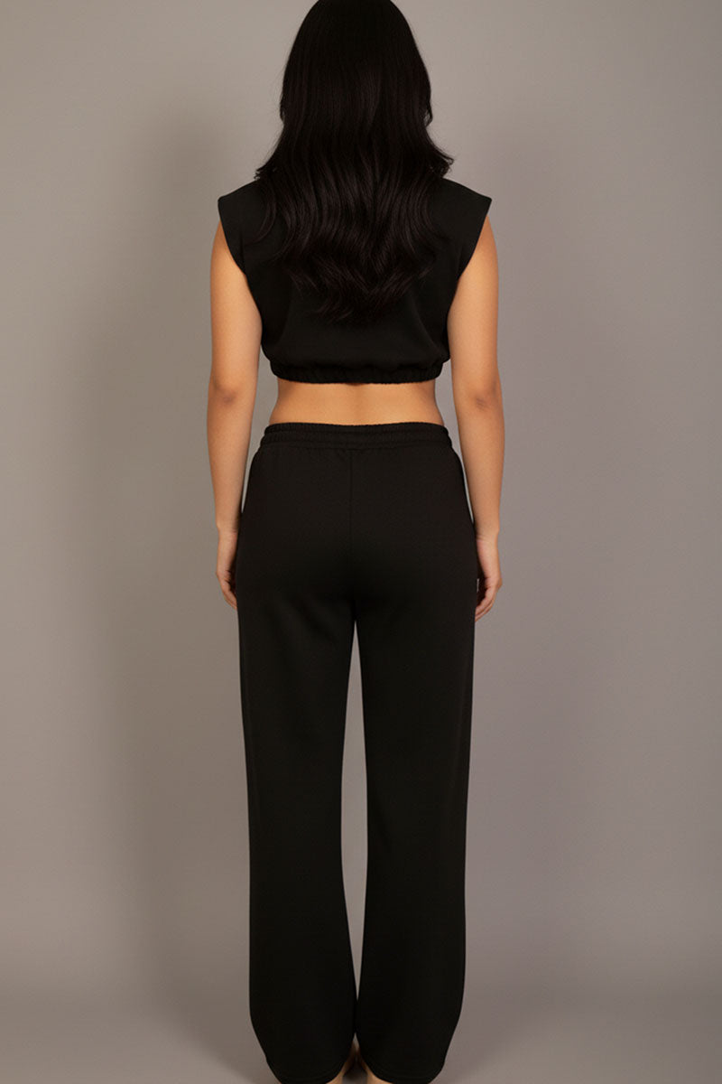 Elastic Hem Crop Top & Wide Leg Pants Set with Faux Drawstring