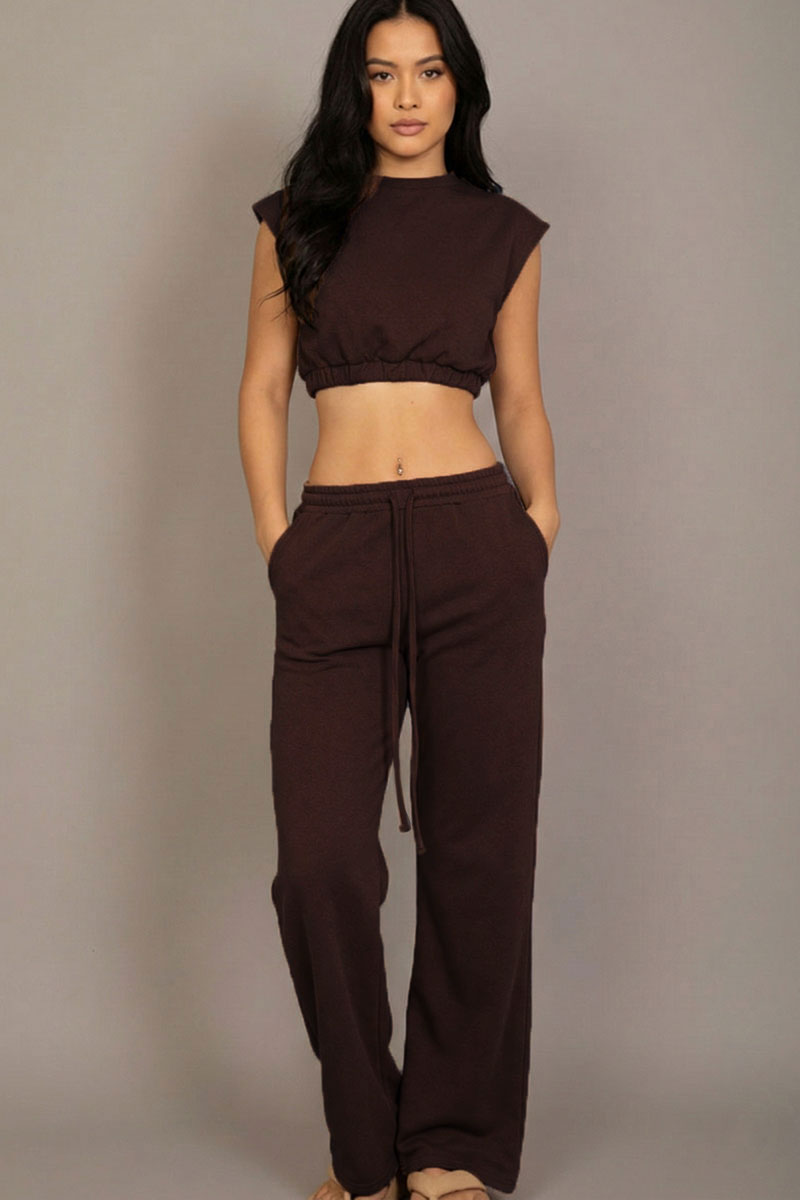 Elastic Hem Crop Top & Wide Leg Pants Set with Faux Drawstring
