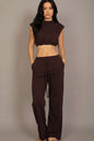 Elastic Hem Crop Top & Wide Leg Pants Set with Faux Drawstring