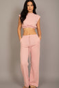 Elastic Hem Crop Top & Wide Leg Pants Set with Faux Drawstring
