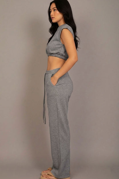 Elastic Hem Crop Top & Wide Leg Pants Set with Faux Drawstring