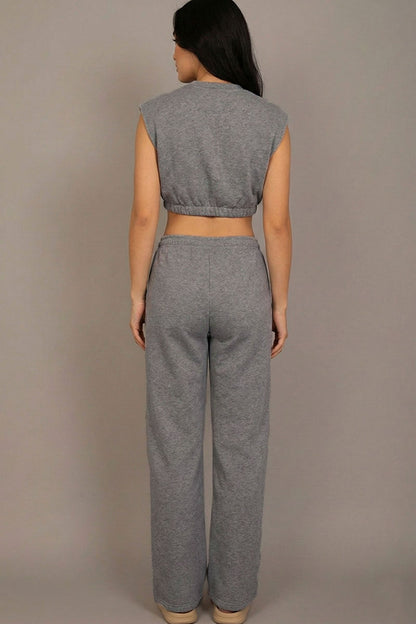 Elastic Hem Crop Top & Wide Leg Pants Set with Faux Drawstring