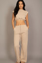 Elastic Hem Crop Top & Wide Leg Pants Set with Faux Drawstring