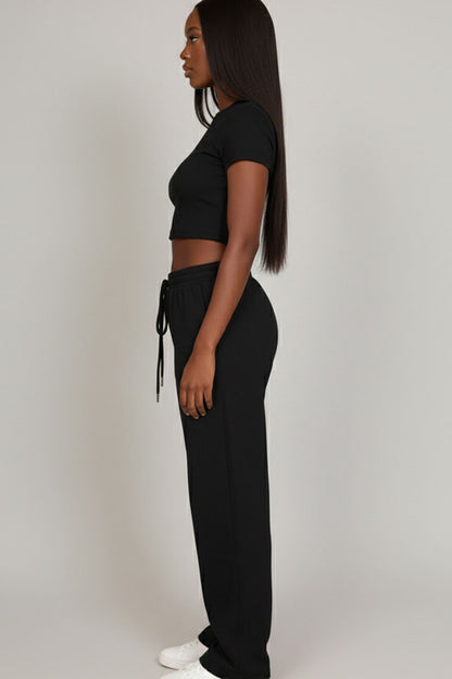 2-Piece Crop Tee & Wide Leg Lounge Pants Set