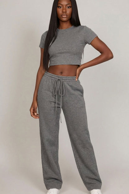 2-Piece Crop Tee & Wide Leg Lounge Pants Set