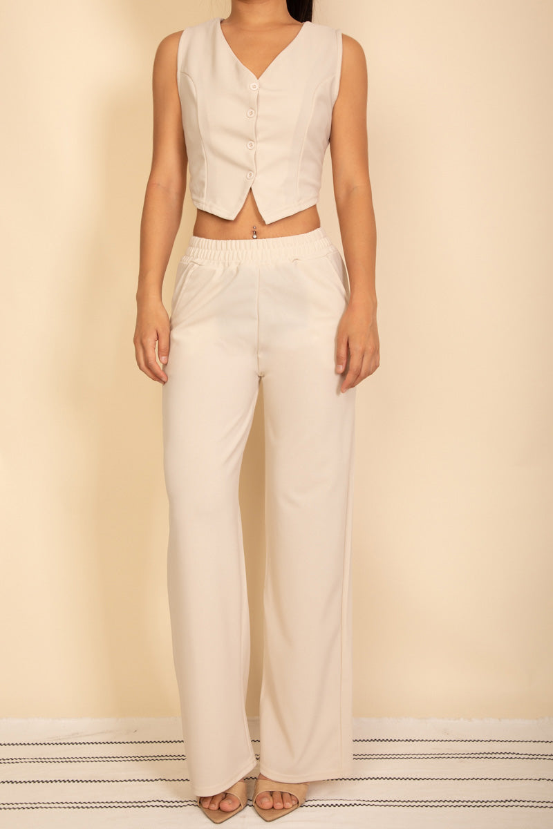 Tailored Button Vest with Adjustable Back Tie & Wide Leg Pants Set