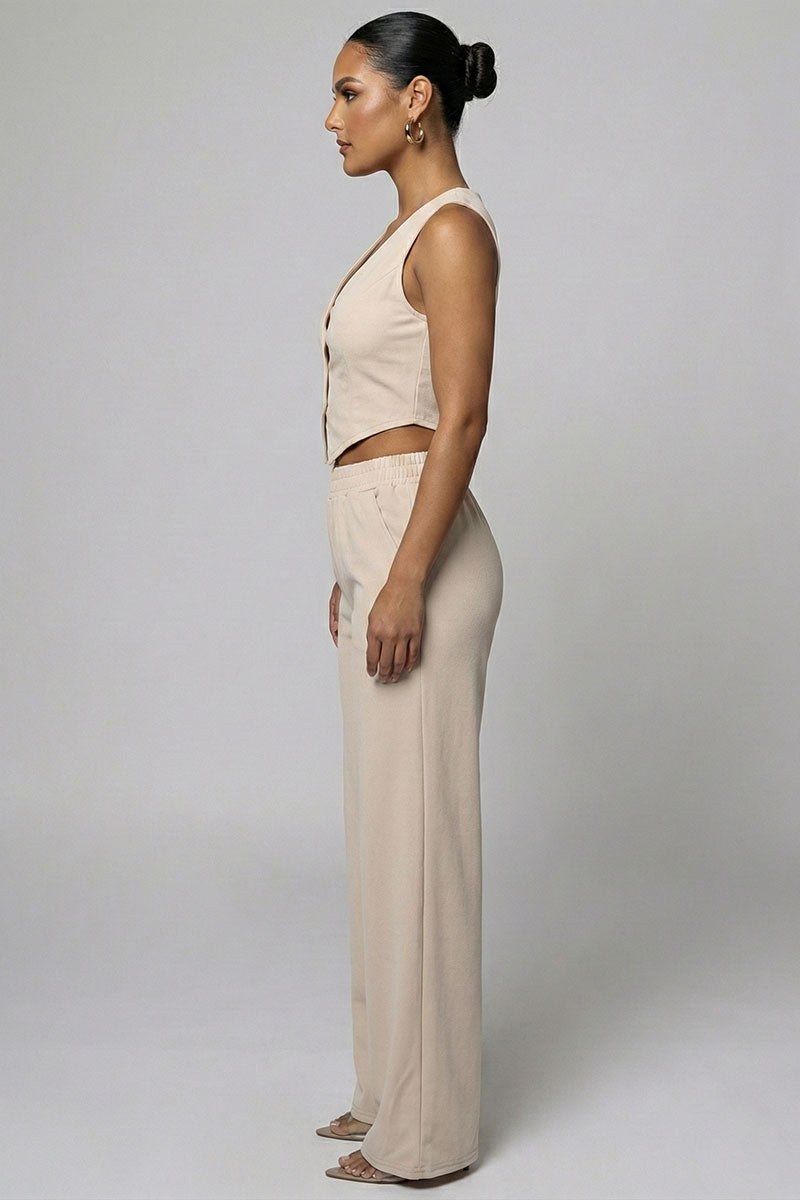 Tailored Button Vest with Adjustable Back Tie & Wide Leg Pants Set