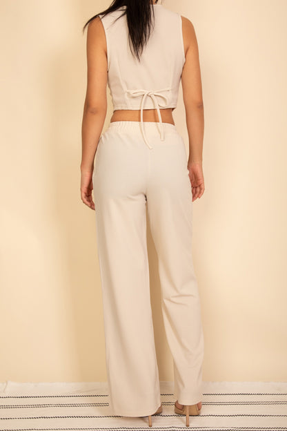 Tailored Button Vest with Adjustable Back Tie & Wide Leg Pants Set