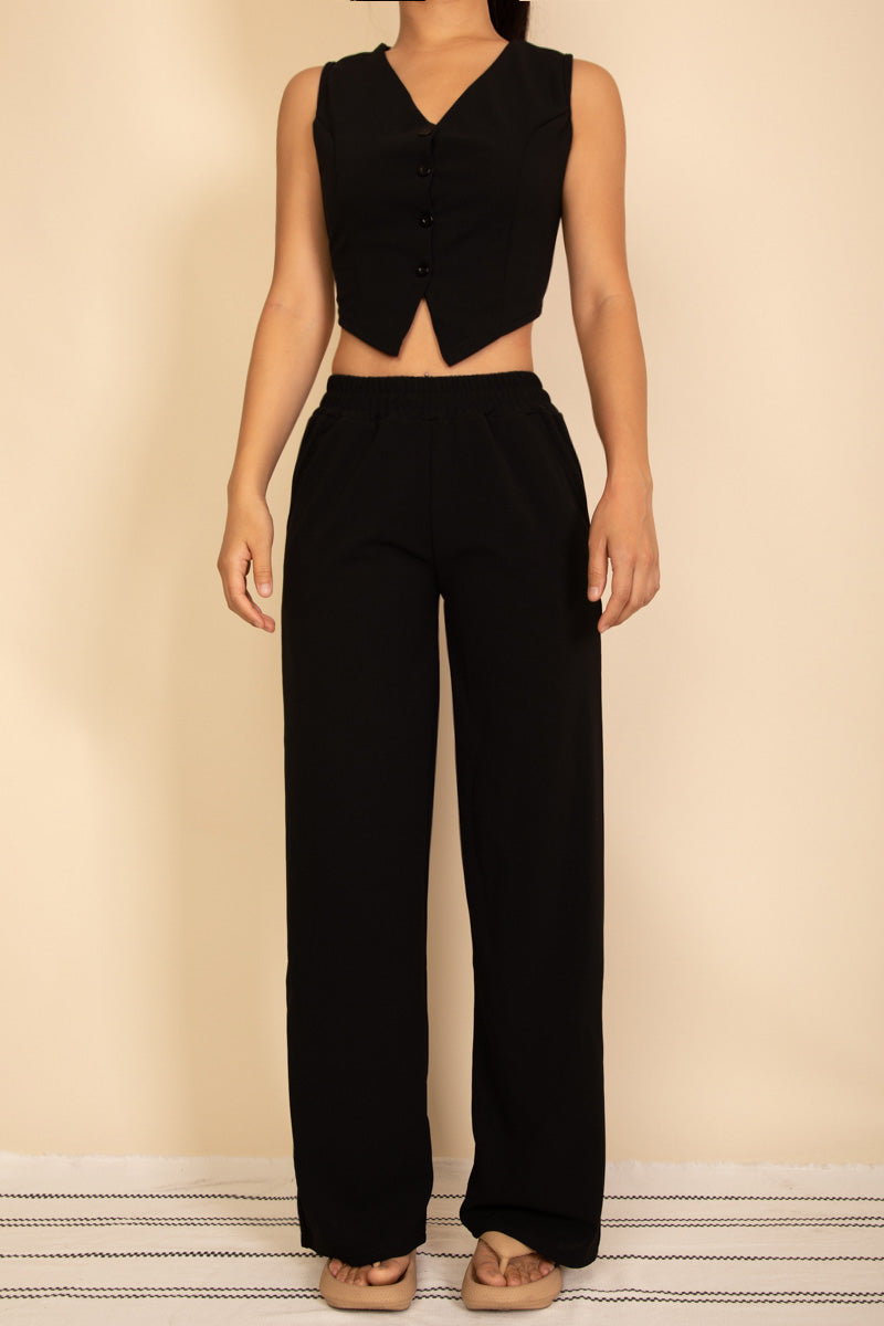 Tailored Button Vest with Adjustable Back Tie & Wide Leg Pants Set