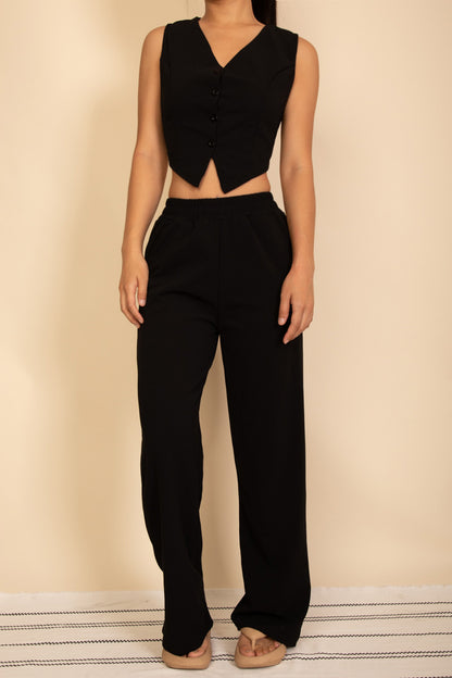 Tailored Button Vest with Adjustable Back Tie & Wide Leg Pants Set