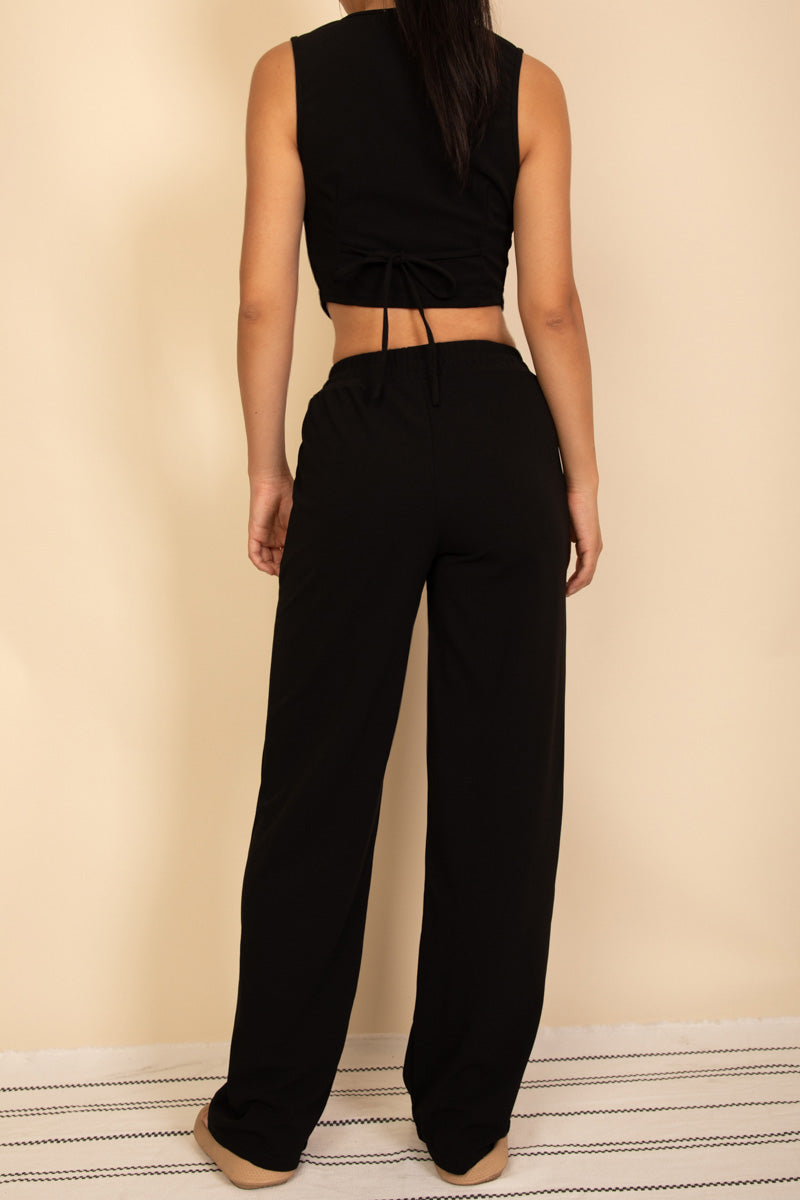 Tailored Button Vest with Adjustable Back Tie & Wide Leg Pants Set