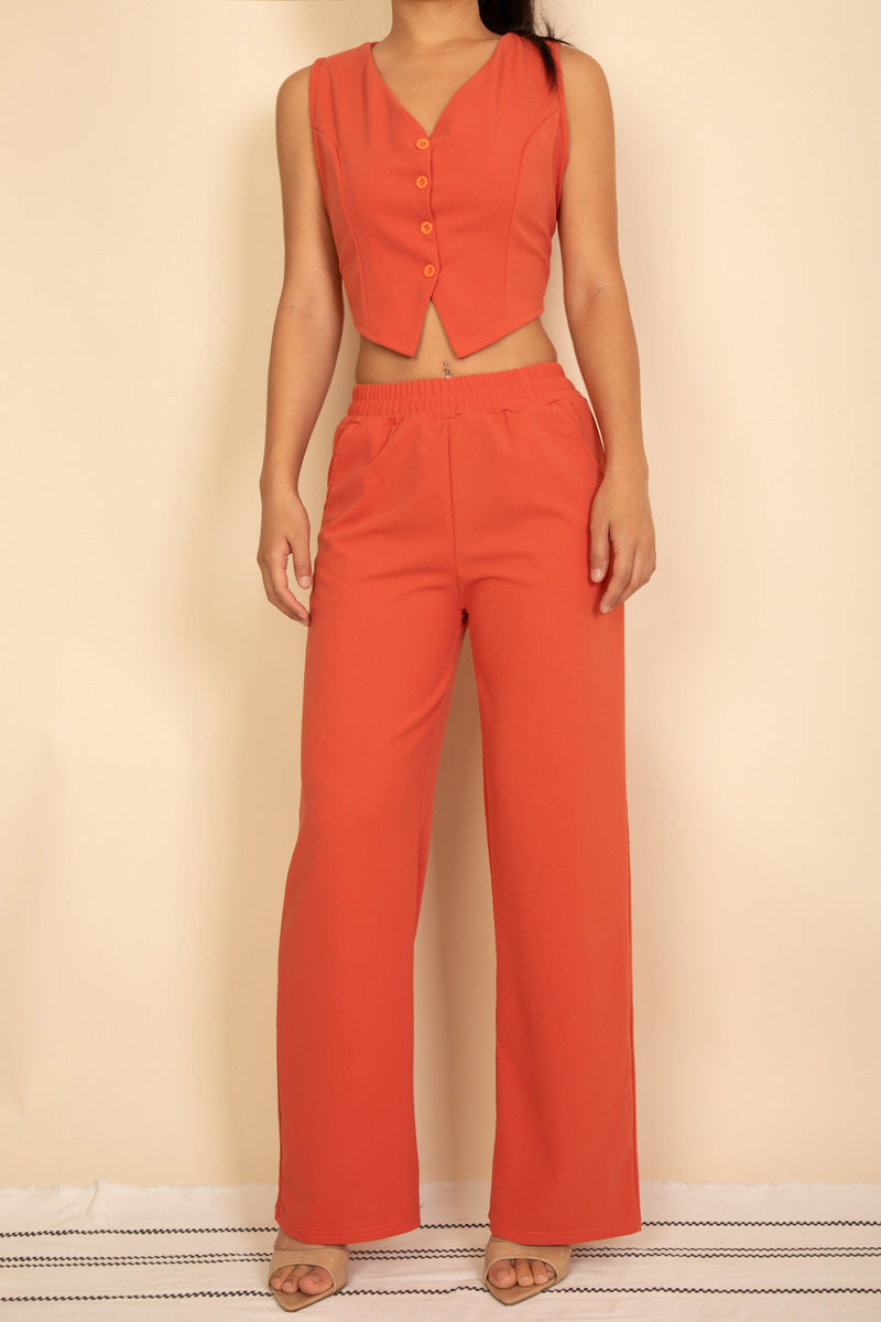 Tailored Button Vest with Adjustable Back Tie & Wide Leg Pants Set