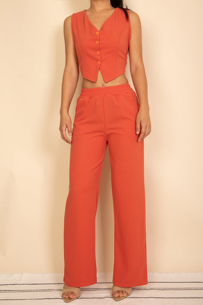 Tailored Button Vest with Adjustable Back Tie & Wide Leg Pants Set