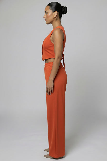 Tailored Button Vest with Adjustable Back Tie & Wide Leg Pants Set