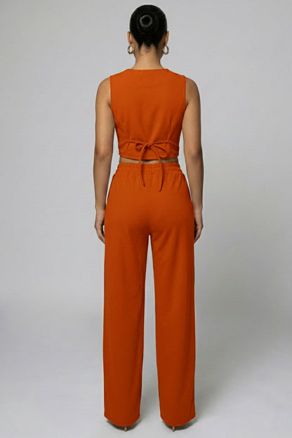 Tailored Button Vest with Adjustable Back Tie & Wide Leg Pants Set