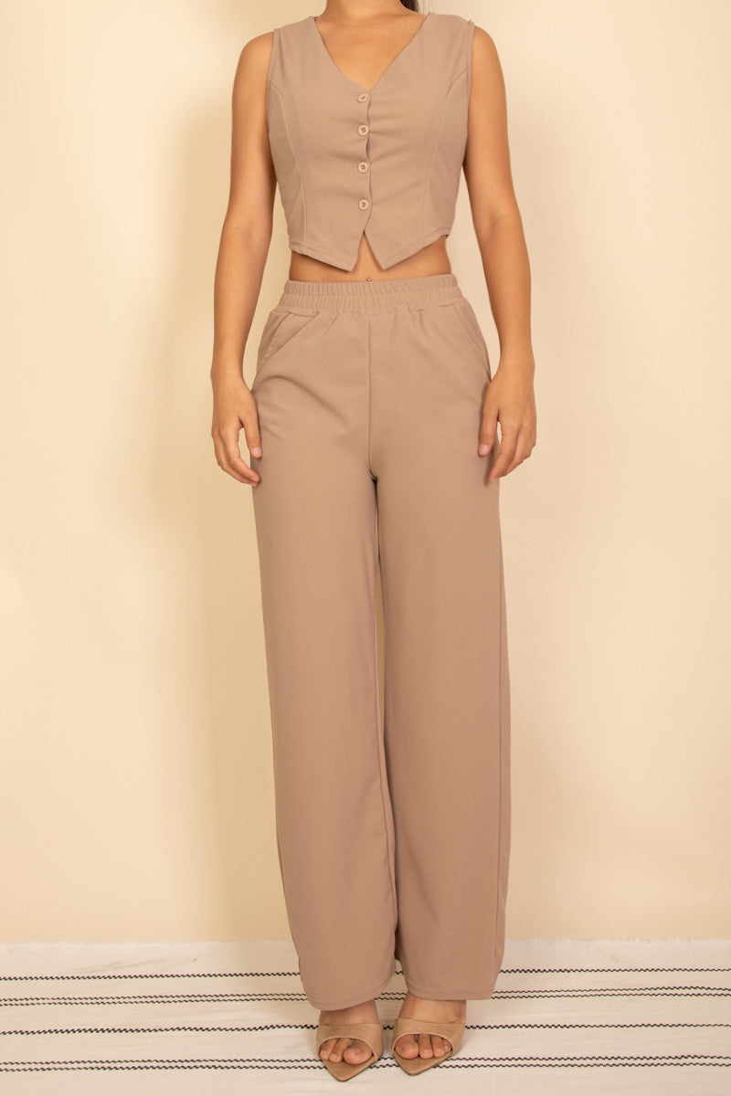 Tailored Button Vest with Adjustable Back Tie & Wide Leg Pants Set