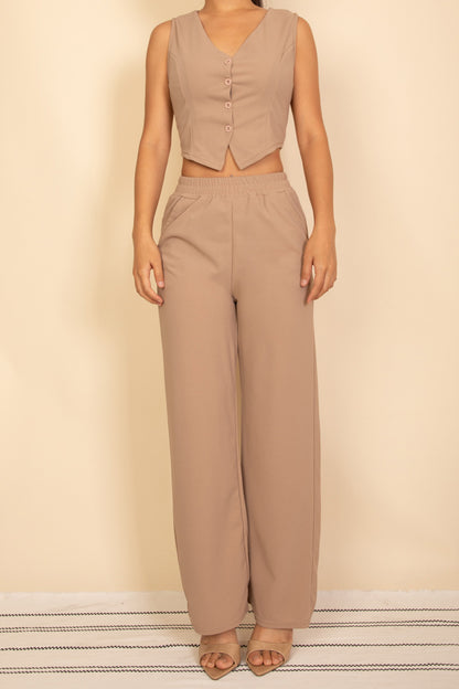 Tailored Button Vest with Adjustable Back Tie & Wide Leg Pants Set