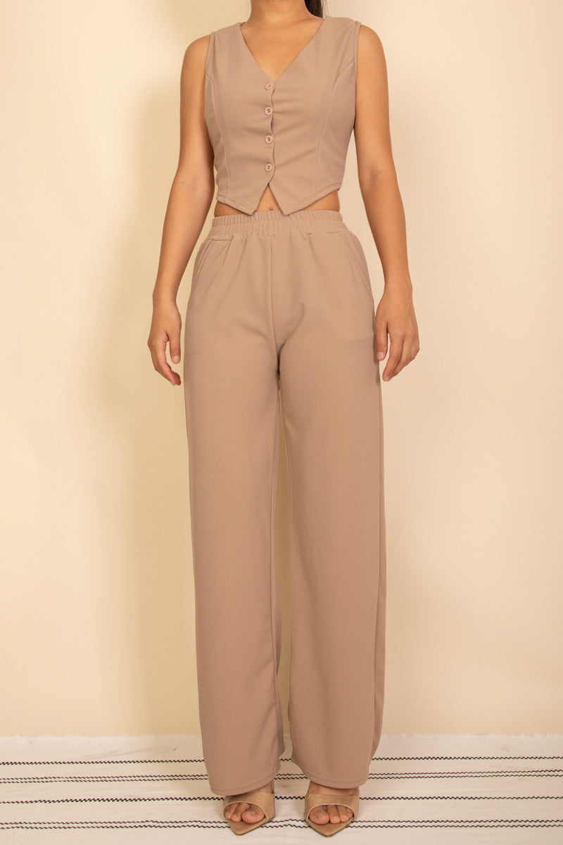 Tailored Button Vest with Adjustable Back Tie & Wide Leg Pants Set