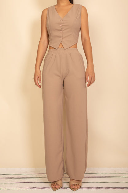 Tailored Button Vest with Adjustable Back Tie & Wide Leg Pants Set