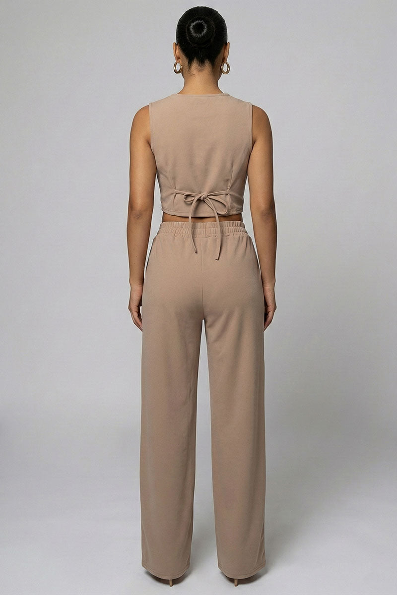 Tailored Button Vest with Adjustable Back Tie & Wide Leg Pants Set