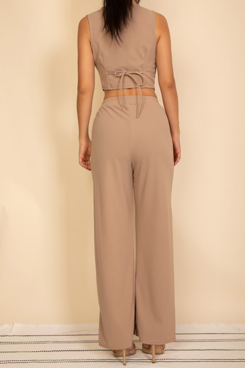 Tailored Button Vest with Adjustable Back Tie & Wide Leg Pants Set
