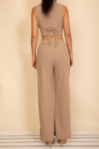 Tailored Button Vest with Adjustable Back Tie & Wide Leg Pants Set