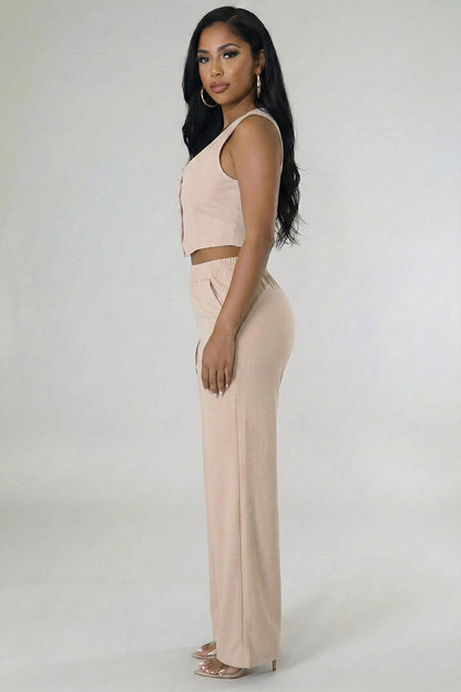 Scoop Neck Button Vest & Wide Leg Pants Set