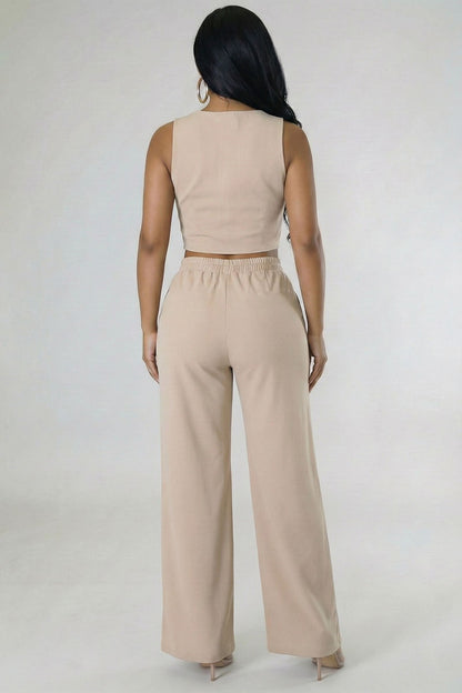 Scoop Neck Button Vest & Wide Leg Pants Set