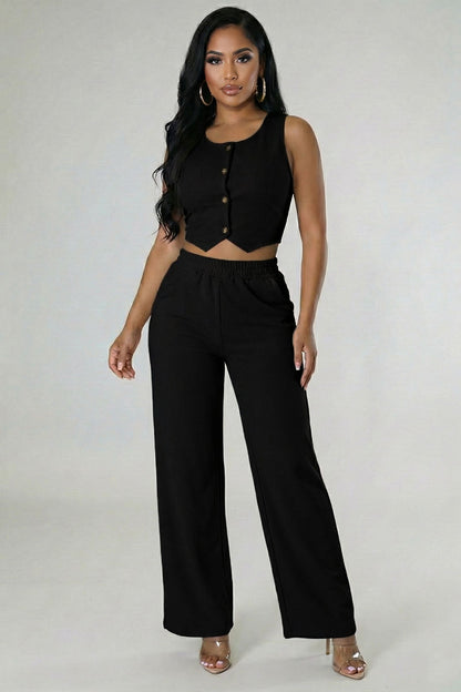 Scoop Neck Button Vest & Wide Leg Pants Set