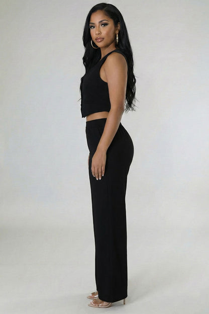 Scoop Neck Button Vest & Wide Leg Pants Set