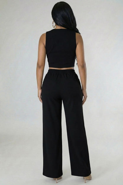 Scoop Neck Button Vest & Wide Leg Pants Set