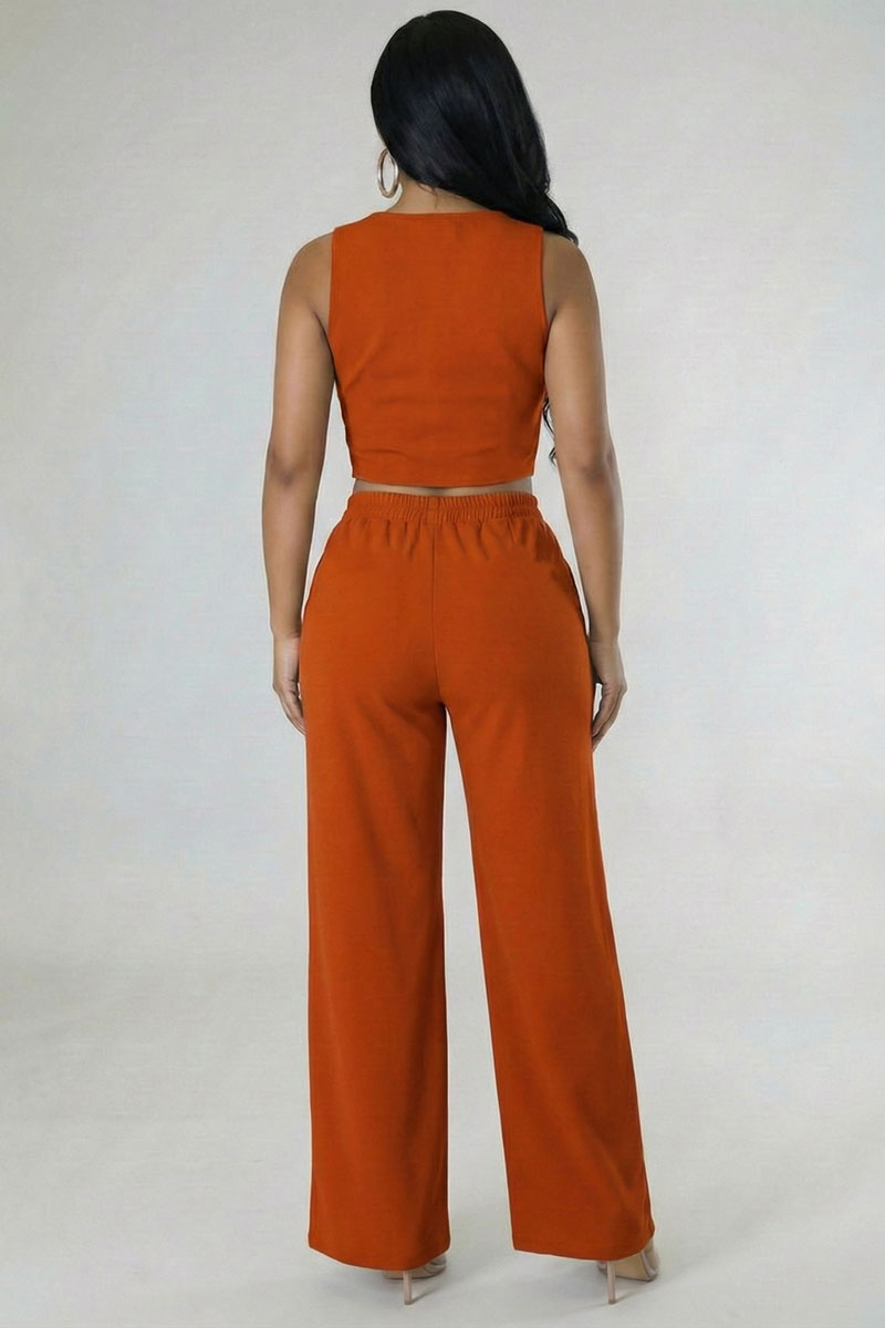 Scoop Neck Button Vest & Wide Leg Pants Set