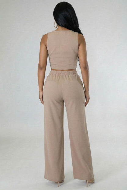 Scoop Neck Button Vest & Wide Leg Pants Set