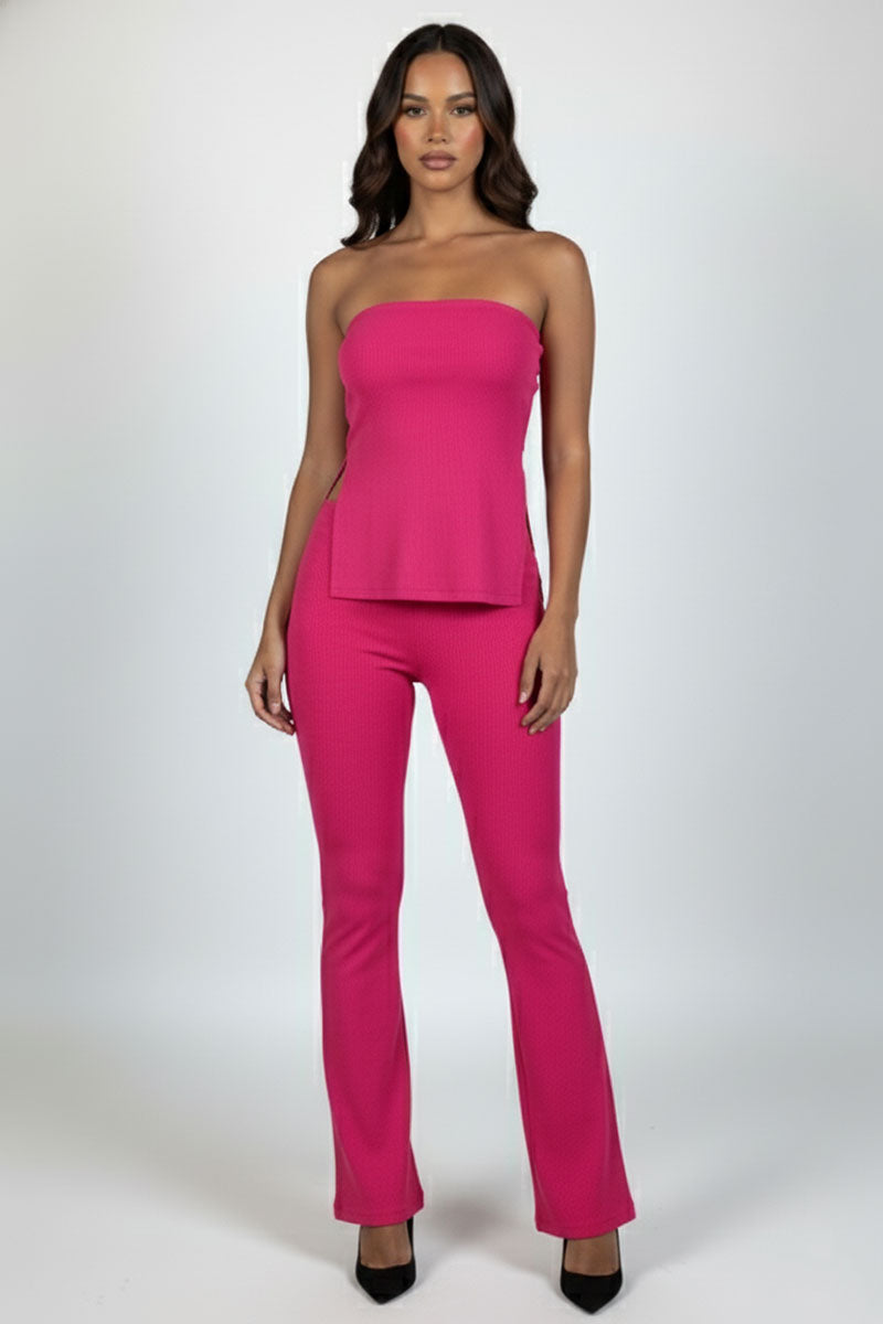 Ribbed Slit Tube Top & High-Waist Flare Pants Set