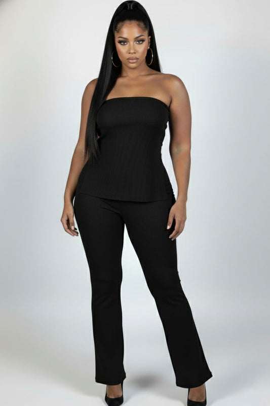 Plus Size Ultra-Fine Ribbed Slit Tube Top & High-Waist Flare Pants Set