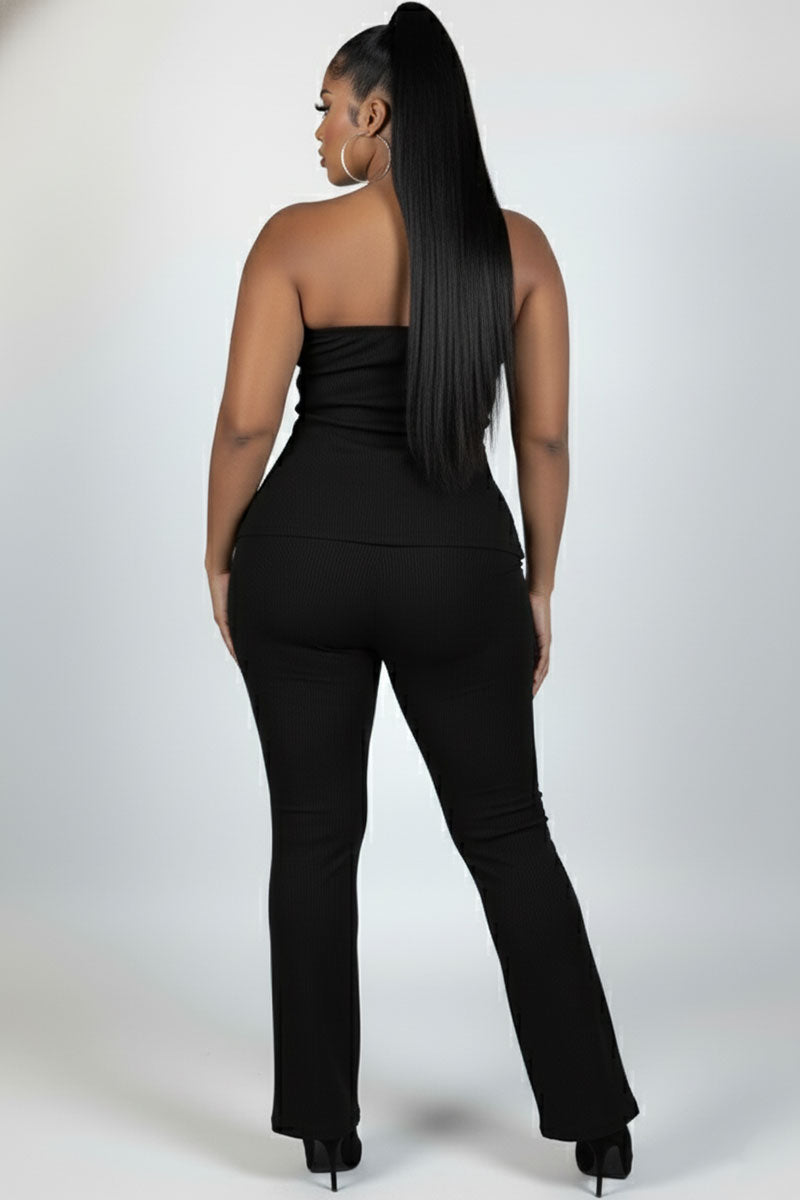 Plus Size Ultra-Fine Ribbed Slit Tube Top & High-Waist Flare Pants Set