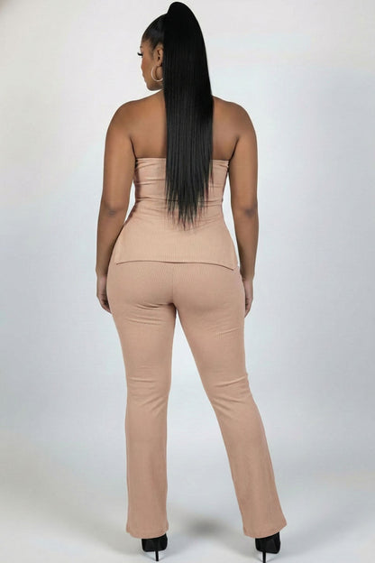Plus Size Ultra-Fine Ribbed Slit Tube Top & High-Waist Flare Pants Set