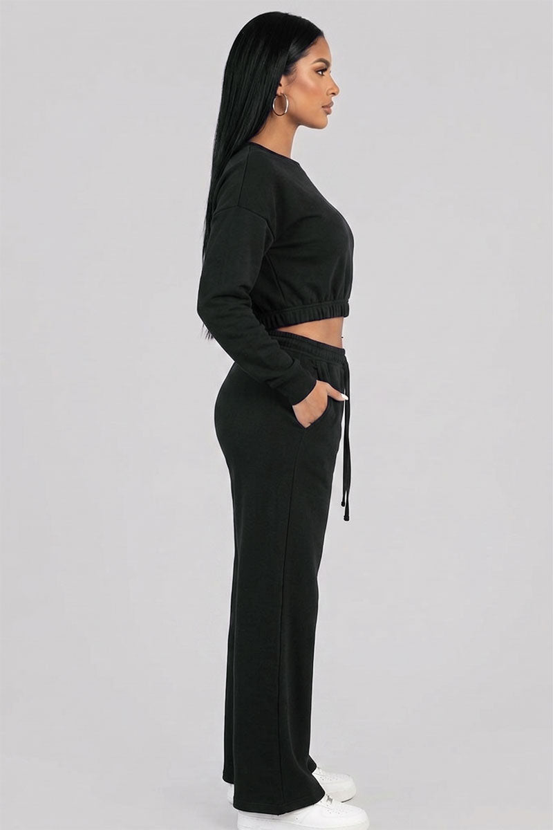 Cropped Long Sleeve Sweatshirt and Wide Leg Pants Lounge Set