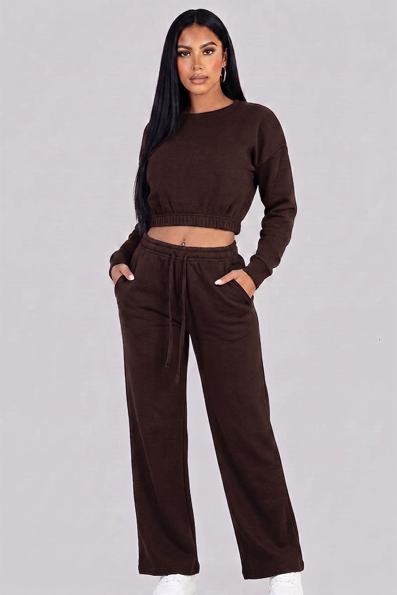 Cropped Long Sleeve Sweatshirt and Wide Leg Pants Lounge Set