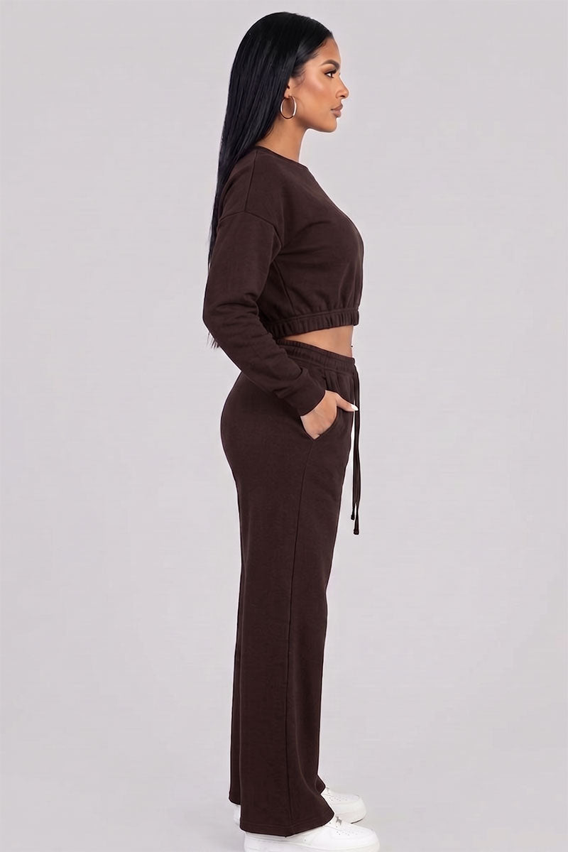 Cropped Long Sleeve Sweatshirt and Wide Leg Pants Lounge Set