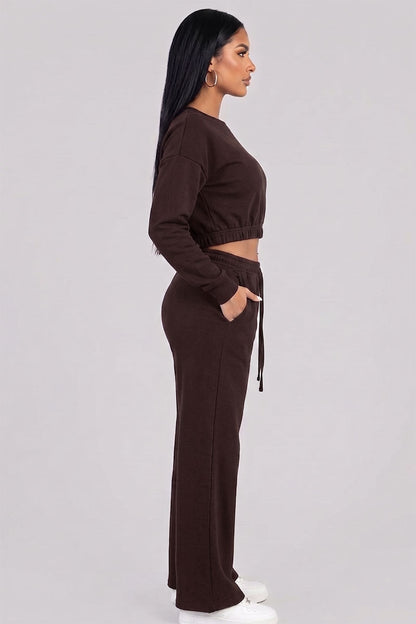 Cropped Long Sleeve Sweatshirt and Wide Leg Pants Lounge Set