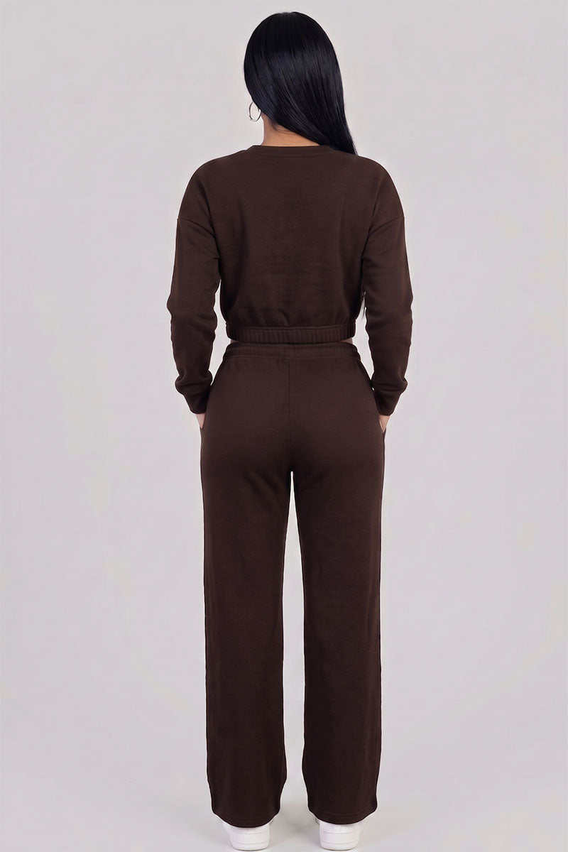 Cropped Long Sleeve Sweatshirt and Wide Leg Pants Lounge Set