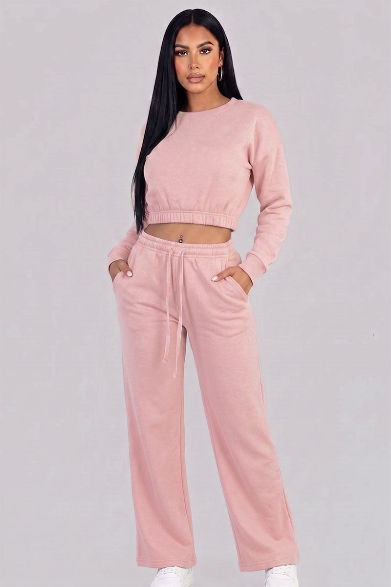 Cropped Long Sleeve Sweatshirt and Wide Leg Pants Lounge Set