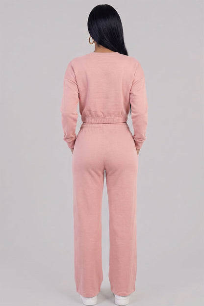 Cropped Long Sleeve Sweatshirt and Wide Leg Pants Lounge Set