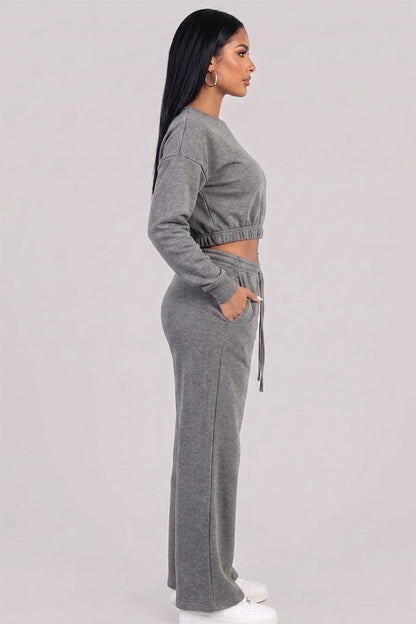 Cropped Long Sleeve Sweatshirt and Wide Leg Pants Lounge Set